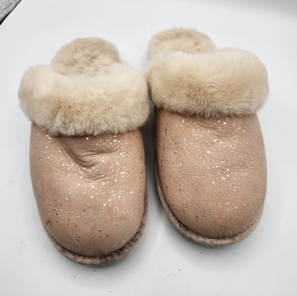 Sparkle Scuff Slipper Cozy Tan Wool Fur-Lined Sz 8